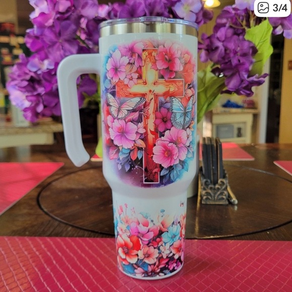 HANDMADE/CUSTOM FAITH FLORAL FAITH-BASED TUMBLER 40oz with HANDLE & STRAW NWT - Picture 2 of 4